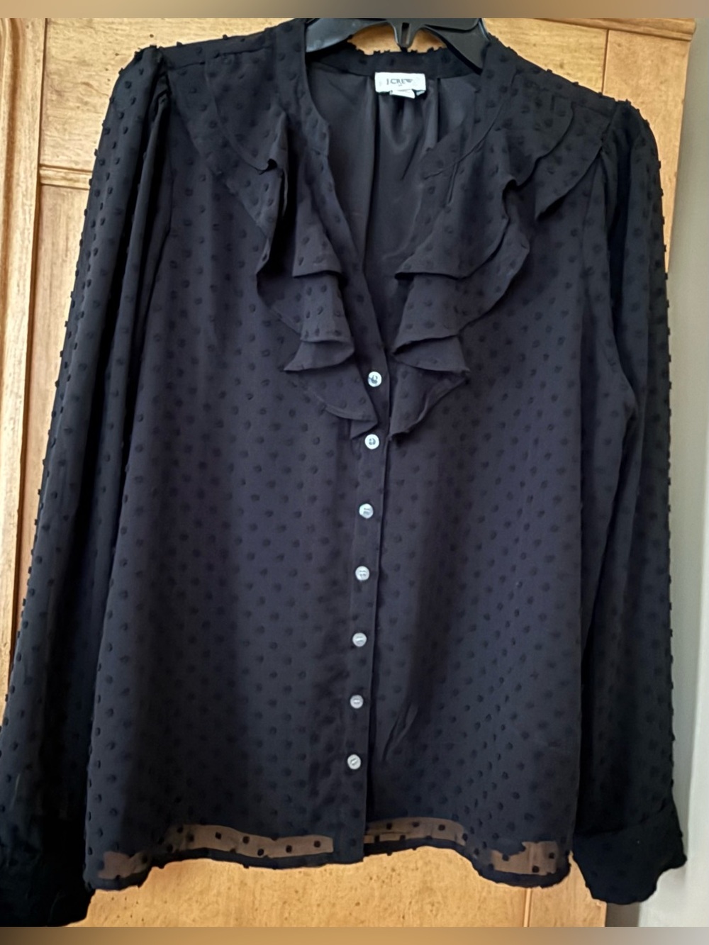 J. Crew Black Swiss Dot Ruffle Button-Down Blouse - Women’s Medium